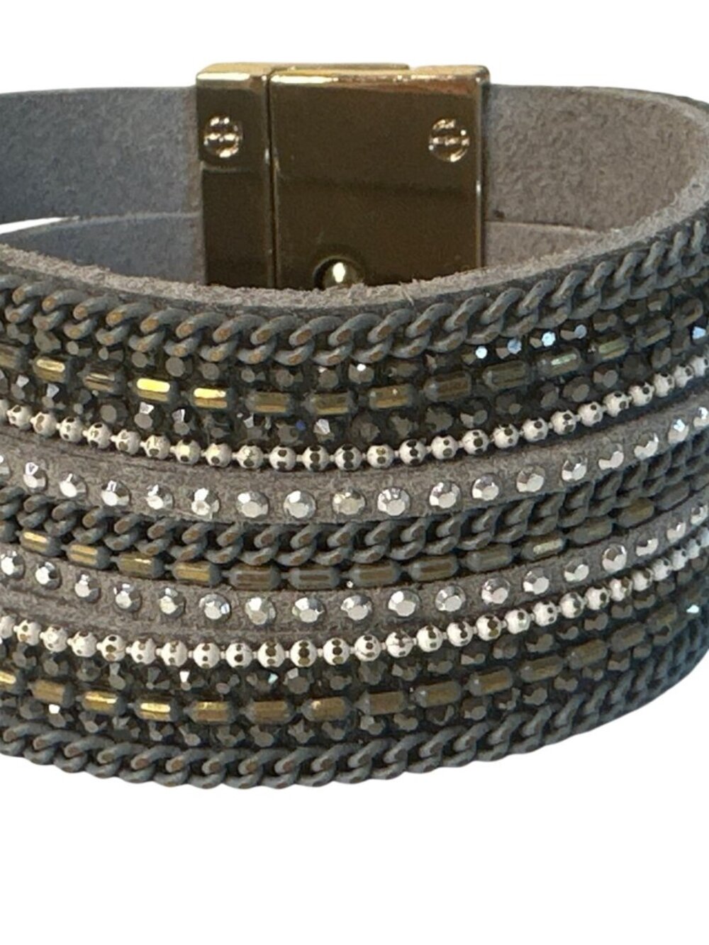 Beaded Wrap Bracelet Turnlock Clasp Gray Faux Leather & Metallic Studs Goth